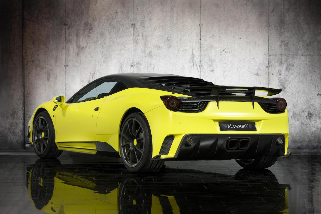mansory ferrari 458 siracusa yellow carbon fiber body kit rear bumper diffuser exhaust system trunk wing spoiler side skirt fully forged wheel rim