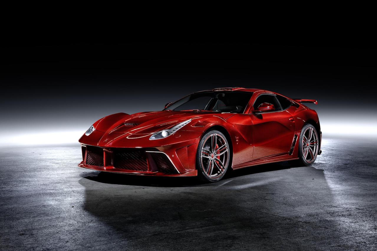 mansory ferrari f12 la revoluzione red carbon fiber front angle wide body front bumper hood fender